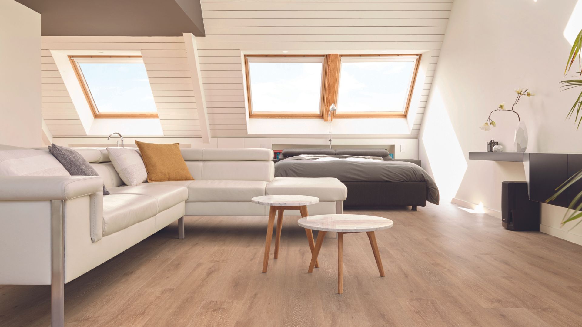 Laminate wood flooring in a living room.